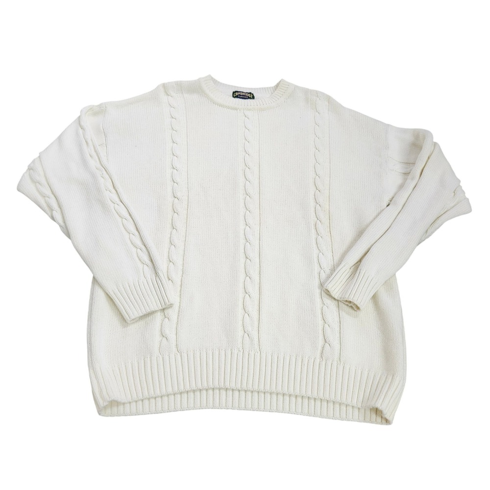 Cambridge Classics Mens Cream White Cable Knit Cotton Crew Neck Sweater Large